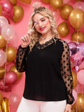 taglie forti Camicetta in tulle manica raglan orlo di pizzo ciglia