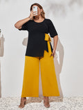 taglie forti color block con lacci laterali orlo asimmetrico Top & Pantaloni a gamba larga