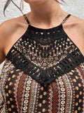 taglie forti Top halter fiorellini pizzo guipure a contrasto
