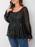 taglie forti Top tulle a contrasto manica svasata peplum brillante