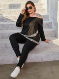 taglie forti con stampa leopardo scollatura asimmetrica Maglietta con spalla cadenti & Leggings