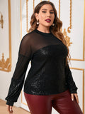 taglie forti Top tulle a contrasto apertura a goccia indietro paillettes