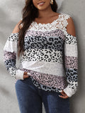 taglie forti Maglietta con stampa leopardo inserto in pizzo guipure con spalle scoperte