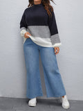taglie forti Maglione color block collo dritto manica a lanterna