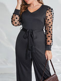 taglie forti Tute contrasto a pois mesh con manica a sbuffo con cintura