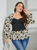 taglie forti Top in peplum con stampa floreale manica svasata
