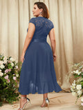 taglie forti Abito formale contrasto pizzo floreale chiffon con bordo a volant incrociato