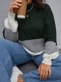 taglie forti Maglione color block collo dritto manica a lanterna