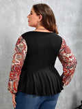 taglie forti Top in peplum stampa Paisley collo quadrato