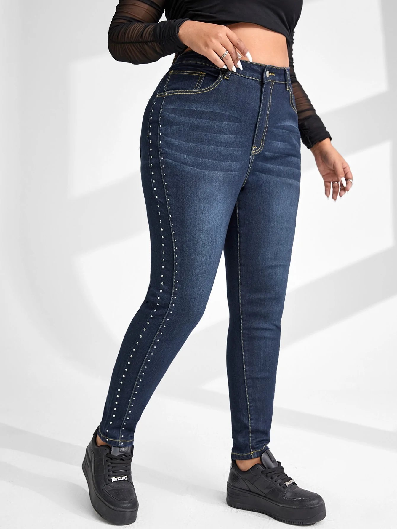 taglie forti Jeans skinny vita alta con dettaglio borchiato