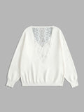 taglie forti Maglione con ricamo floreale pannello in tulle spalle cadenti