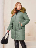taglie forti Cappotto imbottito con zip bordo sfocato con cappuccio