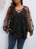Taglie Forti Top con perle incrociato frontale appliques mesh manica a campana