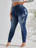 Taglie Forti Jeans skinny con ricamo floreale