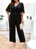 Taglie Forti Jumpsuit pizzo a contrasto manica a farfalla incrociato