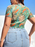 Taglie Forti Top con stampa sole plissettato orlo a fessura mesh
