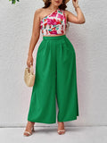 Taglie Forti con stampa floreale monospalla Top & Pantaloni a gamba larga