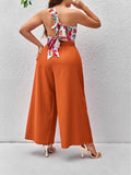 Taglie Forti con stampa floreale monospalla Top & Pantaloni a gamba larga