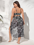 Taglie Forti Bikini stampa vegetale con Gonna da spiaggia