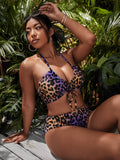 Taglie Forti Costume da bagno bikini con annodatura al collo leopardato con coulisse