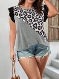 Taglie Forti Maglietta con stampa leopardo con bordo a volant
