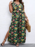 Taglie Forti con stampa tropicale con bordo a volant Top & a fessura alta Pantaloni a gamba larga