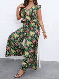 Taglie Forti con stampa tropicale con bordo a volant Top & a fessura alta Pantaloni a gamba larga